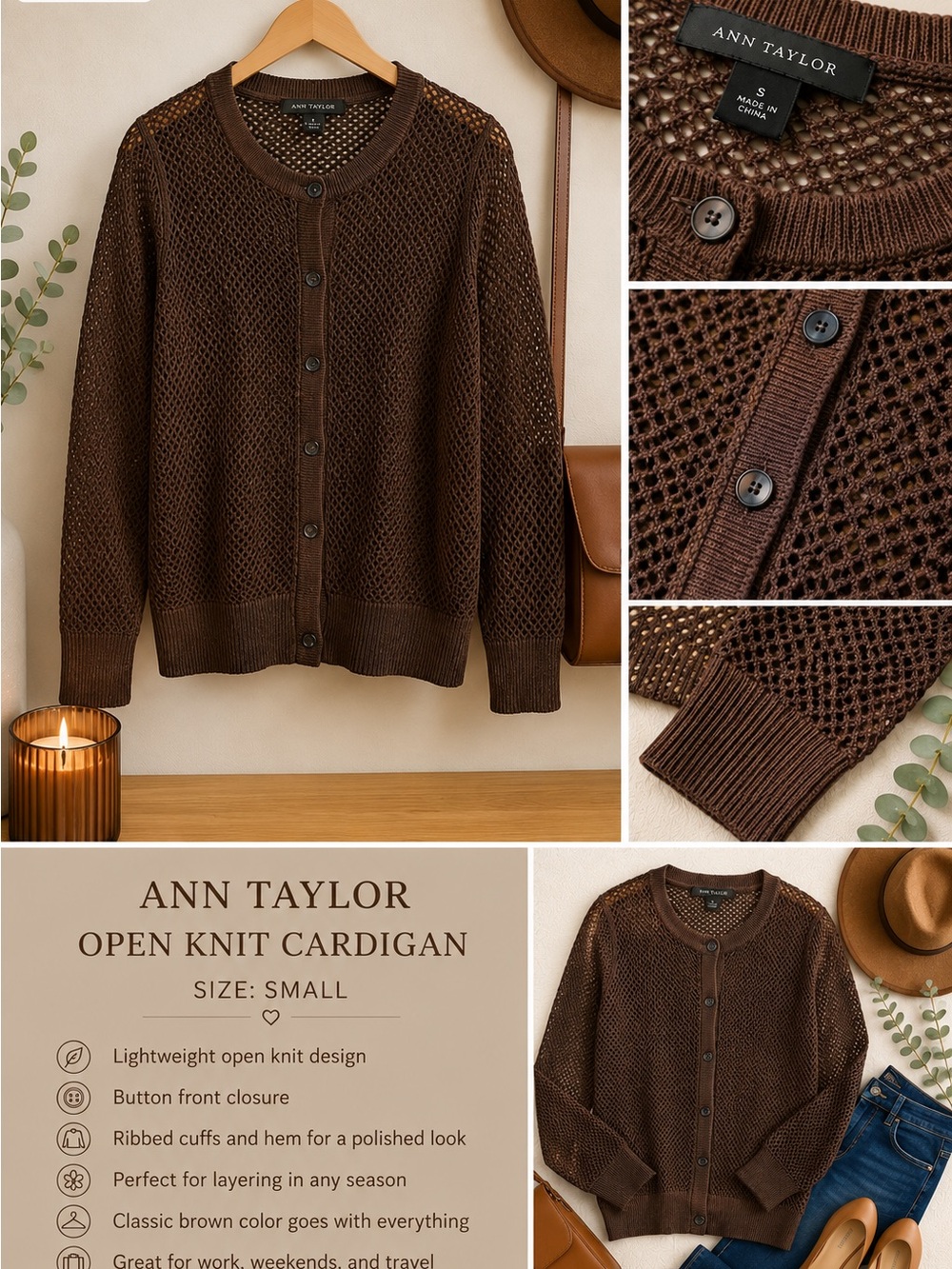 Ann Taylor Brown Open-Knit Button Cardigan